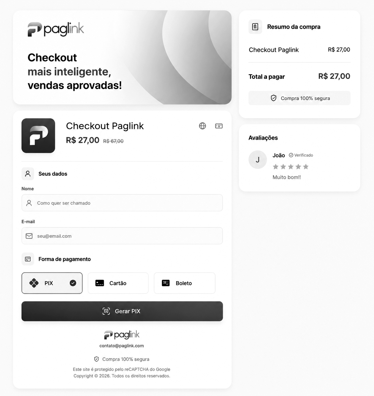 Prévia do checkout Paglink com formulário, formas de pagamento e resumo da compra